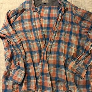 Casual Plaid Button-Down Shirt - Blue and Orange